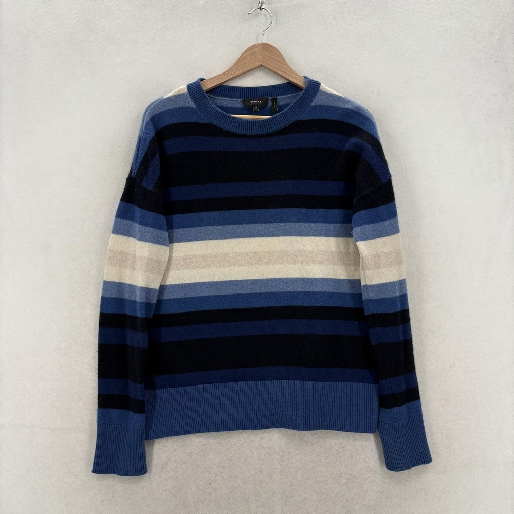 Theory Sweater Mens Medium Blue Striped Cashmere Crewneck Knit Warm Preppy Cozy